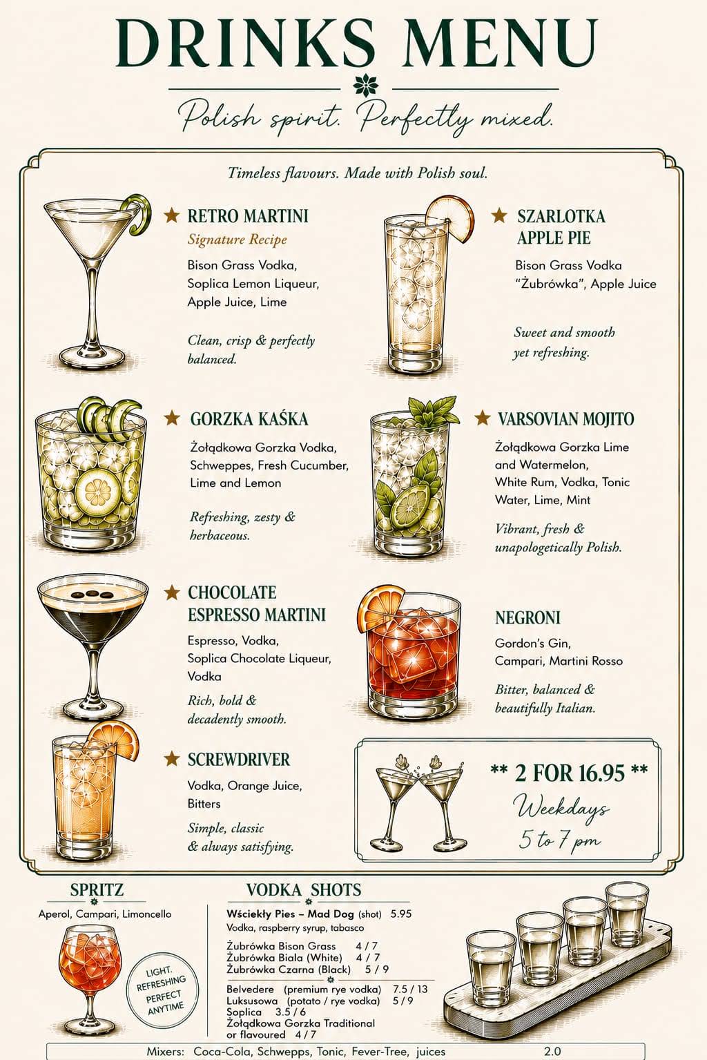 Drinks & Polish spirits printed menu