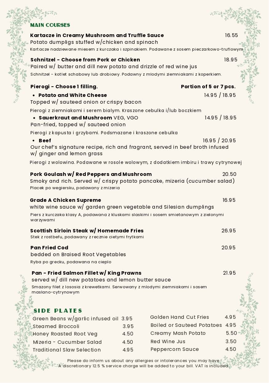 Mains, fish & sides printed menu