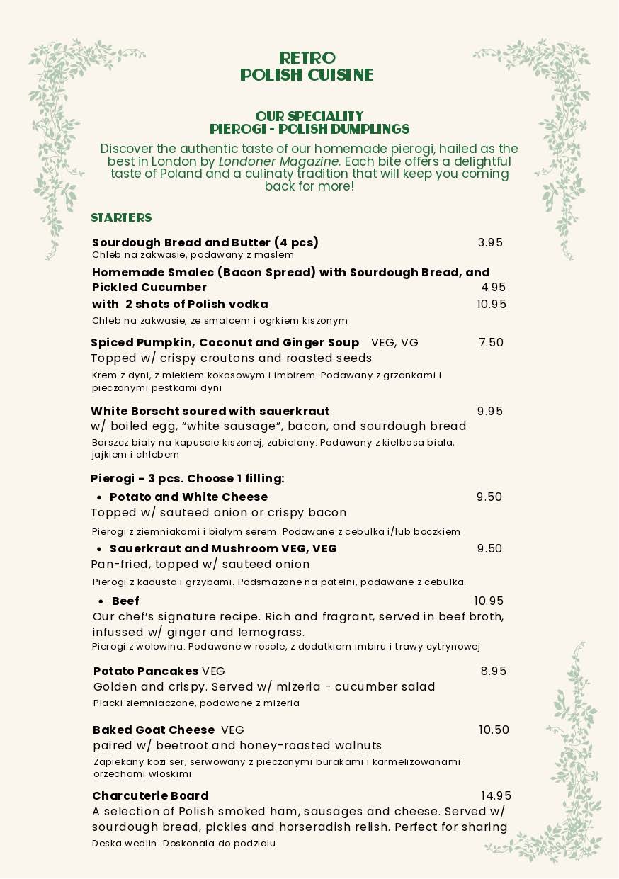 Starters printed menu